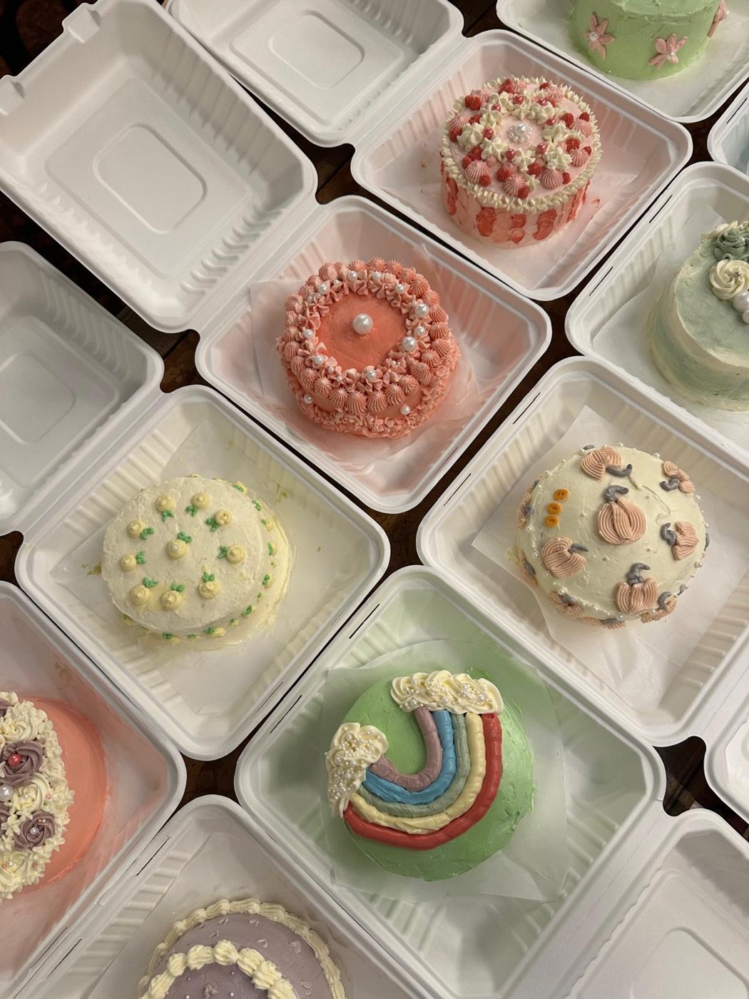 Bento cakes pastel alignés dans leurs boîtes blanches